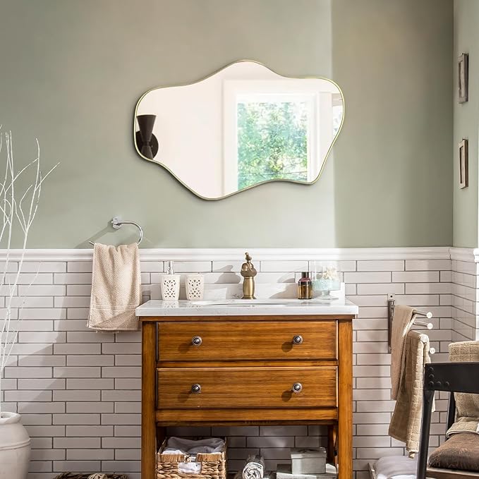 Gold Irregular Mirror, 21"x14" Asymmetrical Wall Mirrors, Modern Frameless Mirror for Wall, Unique Shaped Mirrors for Living Room Bedroom Bathroom Hallway Entryway Fireplace