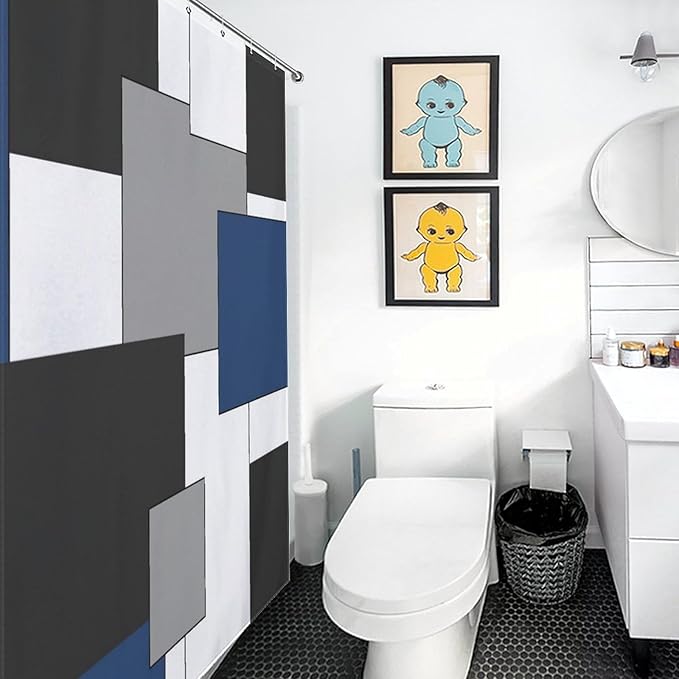 Retro Geometric Shower Curtain,Blue Black Modern Geometry Minimalist Neutral Design Bathroom Curtain Polyester Waterproof Fabric Decor 66x72in（168x183cm）