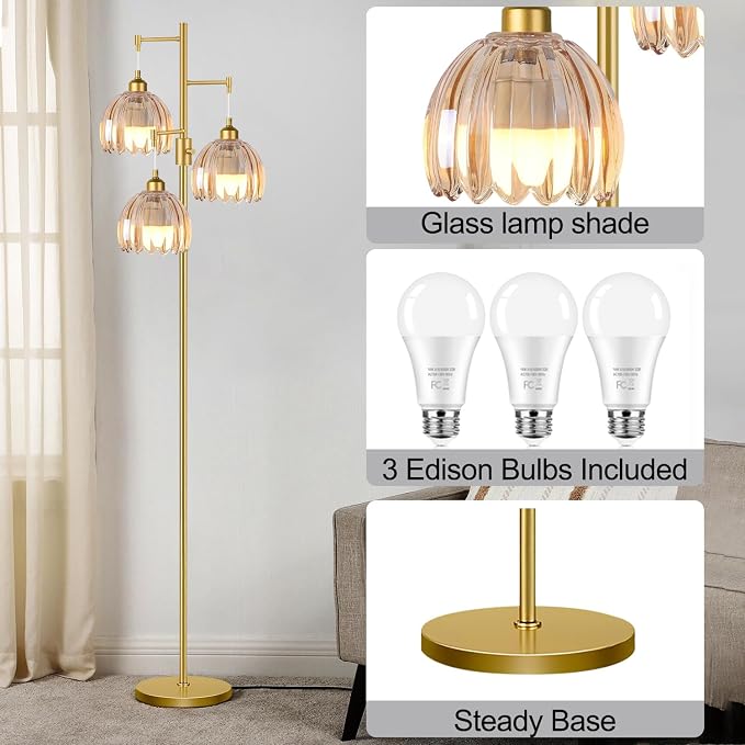 Gold Floor Lamps for Living Room Vintage Floor Lamp with Glass Lmapshape & Led Bulb,Dimmable Floor Lamps Brass Mid Century Modern Standing Lamp Tall Tree Flower Floor Lamp for Bedroom,Office,Corner