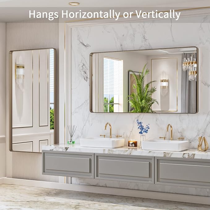 LOAAO 55”X30” Bronze Bathroom Mirrors for Vanity, Rounded Rectangle Brushed Bronze Metal Frame Mirror, Anti-Rust, Tempered Glass, Hangs Horizontally or Vertically
