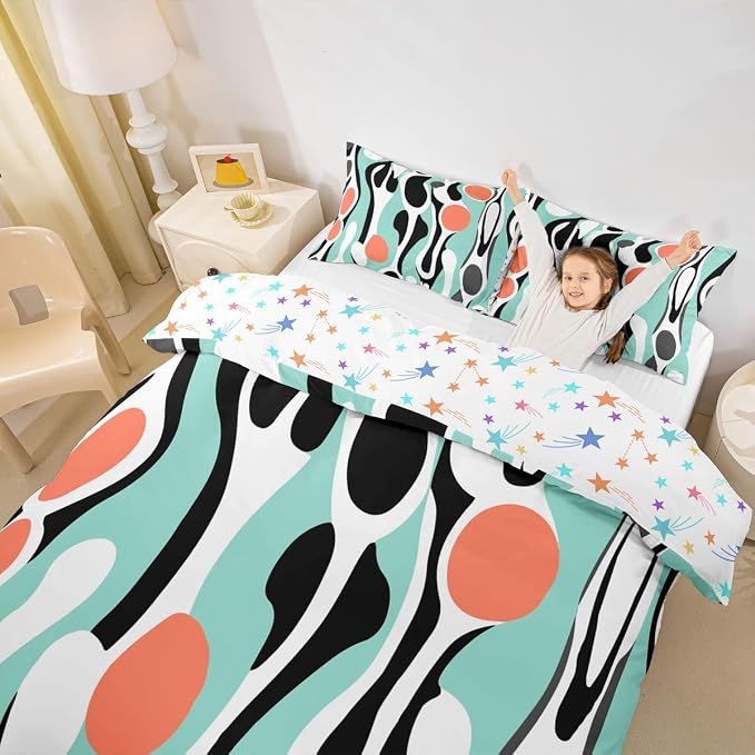 Erosebridal Mid Century Modern Abstract Duvet Cover Set Vintage Geometric King Bedding Set for Adult Men Contemporary Organic Shapes Comforter Cover Squiggle Blob Bed Sets,Teal Coral Salmon Pink