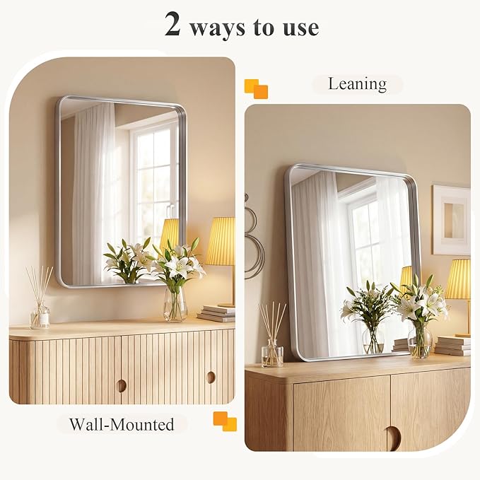 NEWBULIG 36X40 Inch Bathroom Mirror for Over Sink, Wall Vanity Mirrors Tempered Glass, Anti-Rust Metal Framed Rounded Rectangle, Hangs Horizontally or Vertically, Farmhouse Home Decor, Silvery