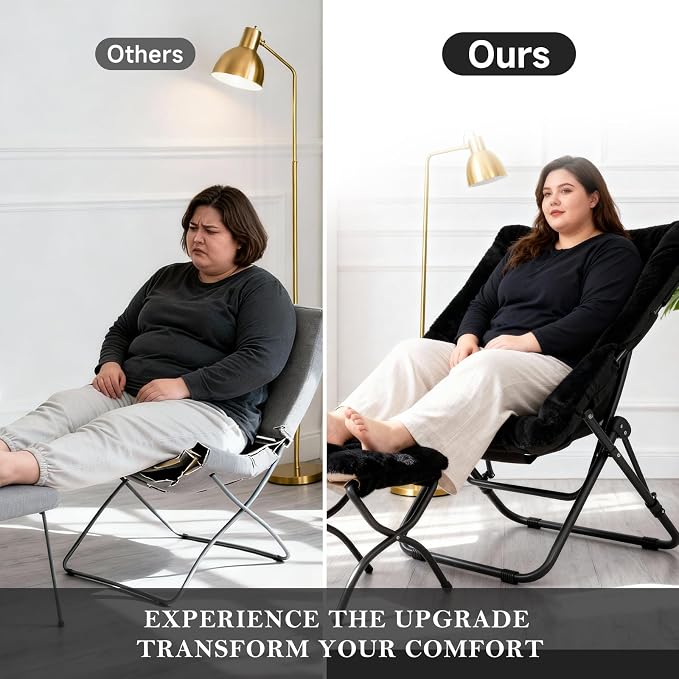 Furlide Oversized Folding Faux Fur Chair with Ottoman, X-Large Soft Saucer Chair, Foldable Metal Frame for Bedroom, Living Room, Balcony (Black)