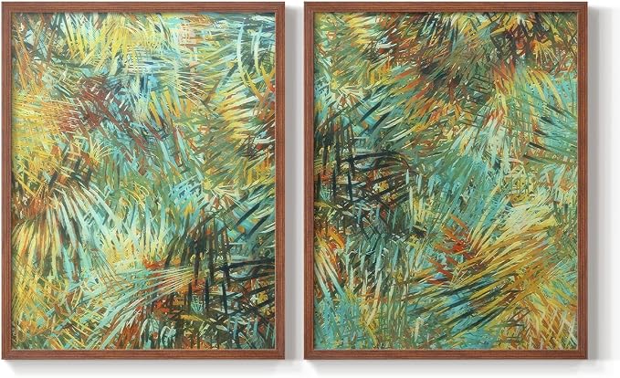 Renditions Gallery Set of 2 Peel & Stick Framed Prints, Nature Abstract Wall Art, Green Leafy Design Wall Decor, Re-Stickable - Ready to Hang - 11"x14" - Walnut Frame LT588