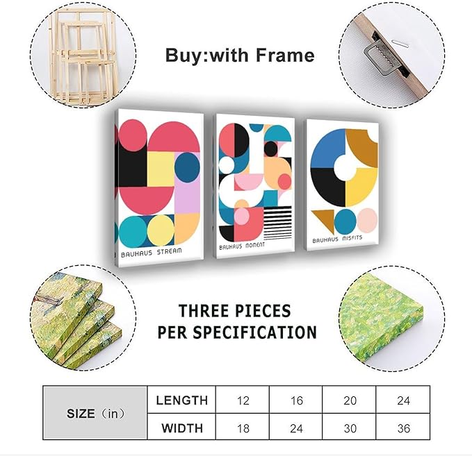 9W Bauhaus Poster Abstract Canvas Wall Art Set of 3 Modern Boho Decor For Bedroom Livingroom Frame-style 20x30inch(50x75cm)