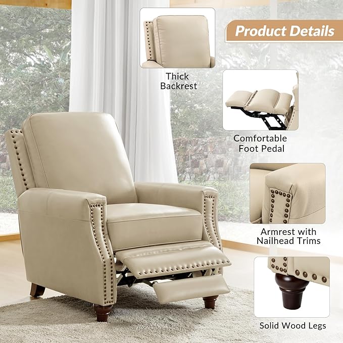 HULALA HOME Genuine Leather Recliner Chair, Classic Push Back Recliner Armchair with Thick Seat and Backrest, Comfy Adjustable Home Theater Single Recliner w/Nailhead Decor for Living Room (Beige)