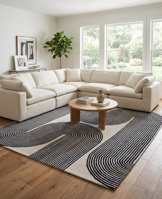Modern Handmade Wool Area Rug, Abstract Curved Line Geometric Carpet for Living Room Bedroom, Contemporary Tufted Indoor Rug with Soft Pile and Cotton Backing (Ink, 5' x 8')