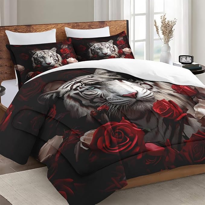 WeCozy King Size Comforter Set with 2 Pillowcases, White Tiger Wild Animal 3 Pcs Bedding for Kids and Adults, Beautiful Red Rose Flower Soft Comforter Set for Bedroom Bed Decor