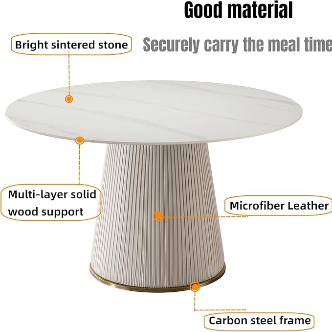 Montary 5 Piece Dining Table Set, Modern Dining Room Table Set of 4-6, White 53" D Faux Marble Dining Table, Sintered Stone Round Table with 4 Dining Chairs, for Dining Room Kitchen