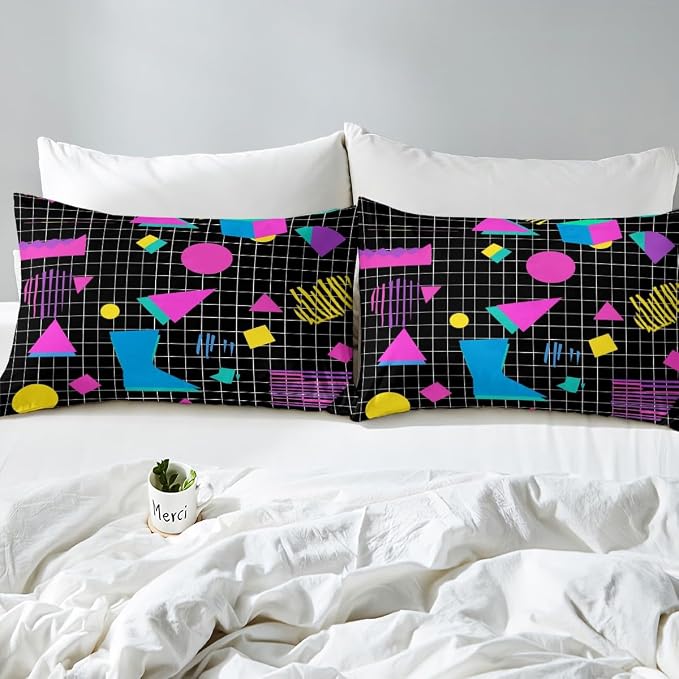 Geometric Duvet Cover 80s and 90s Hip Hop Bedding Set,Hipster Funky Comforter Cover Eighties Fashion Style Queen Bed Set,Round Triangle Square Diamond Shapes Artwork 1990S Memphis Home Decor