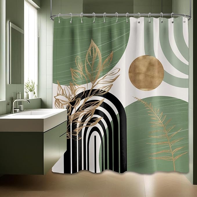 Sage Green Shower Curtain Boho Mid Century White and Light Green and Black Shower Curtains for Bathroom Decor, Waterproof Cloth Fabric with Hooks, 70" W x 72" L
