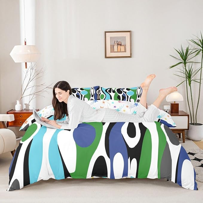 Erosebridal Mid Century Modern Abstract Duvet Cover Set Vintage Geometric Full Size Bedding Sets for Teenage Boys Contemporary Organic Shapes Comforter Cover Squiggle Blob Bed Set,Blue Turquoise