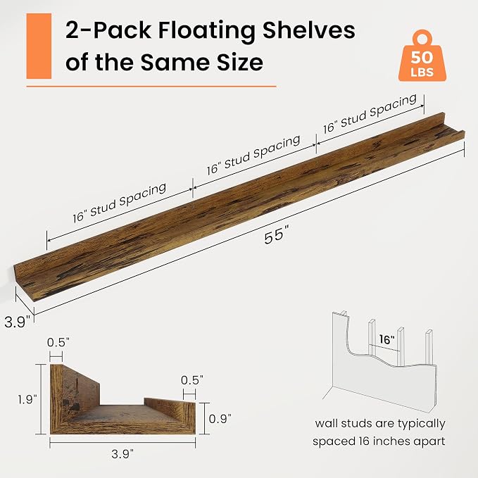 RICHFOCUS Picture Ledge Shelf, 55 inch Floating Shelves Set of 2, Wood Wall Shelves with Lip, Wall Decor Storage for Bedroom Living Room Bathroom Kitchen Nursery Photo Picture, Rustic Brown