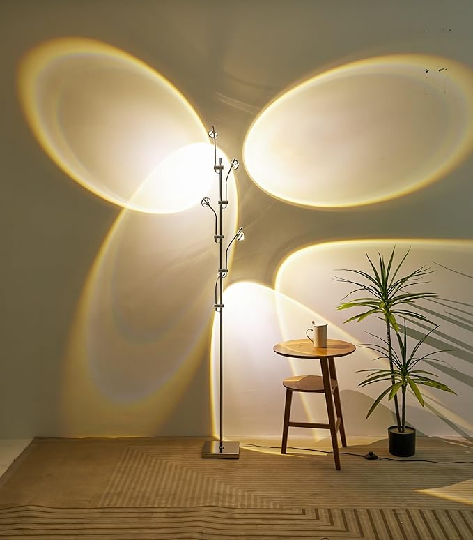 NKU Sunset Floor Lamp Projector 5 Head Multi Head Floor Light with Replaceable Filters Ambient Mood Lighting for Bedroom, Living Room 72in Chrome Unique Modern Colorful Sunset Lamp with Halo Effect