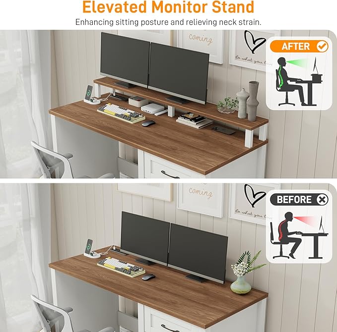 Vabches 47" Farmhouse Executive Desk with Monitor Stand and LED Lights,4 Drawers Computer Desk with Power Outlets,Large Workspace for Work Study Writing.Unique White