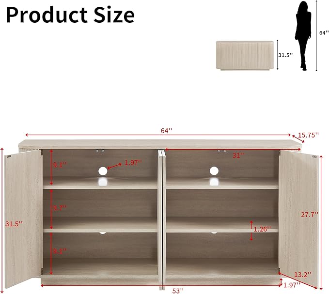 LKTART 64" Buffet Cabinet with Storage, Modern Fluted Accent Sideboard Media Console Credenza with Adjustable Shelves Pressed Spring for Kitchen Living Room,31.5" H (Rock Grey)