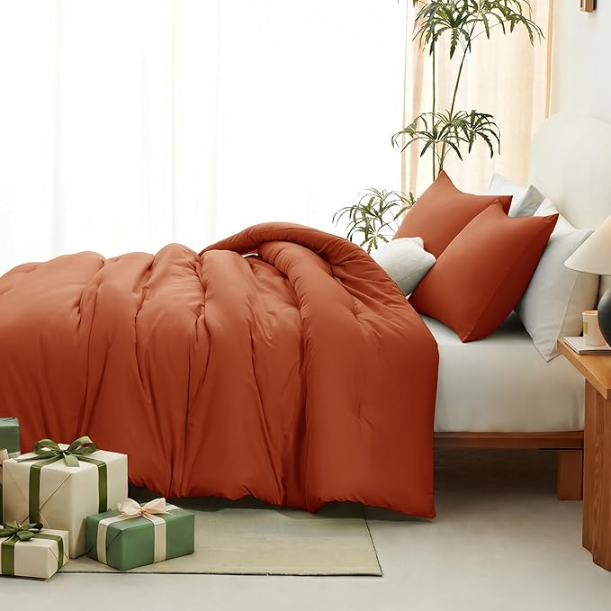 CozyLux Full Size Comforter Set Terracotta, 3 Pieces Lightweight Burnt Orange Down Alternative Quilted Bedding Sets, All Season Breathable Solid Comforter with 2 Pillowcases, Fall Bed Set Home Gift