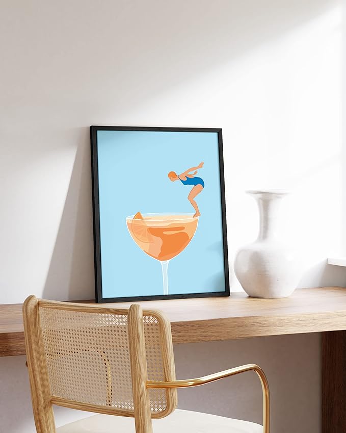 HAUS AND HUES Preppy Bar Wall Decor Framed - Blue and Orange Bar Cart Decor, Colorful Bar Wall Art Prints, Vintage Cocktail Poster, Alcohol Art Decorations Aperol Spritz Art Print (16x20 Black Frame)