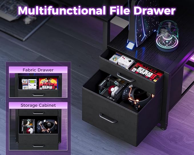 AODK Computer Desk with Drawers, 55" Office Desk with Keyboard Tray and Power Outlet, Reversible Study Work Desk with Printer Space and File Drawers Cabinet for Home Office, Black