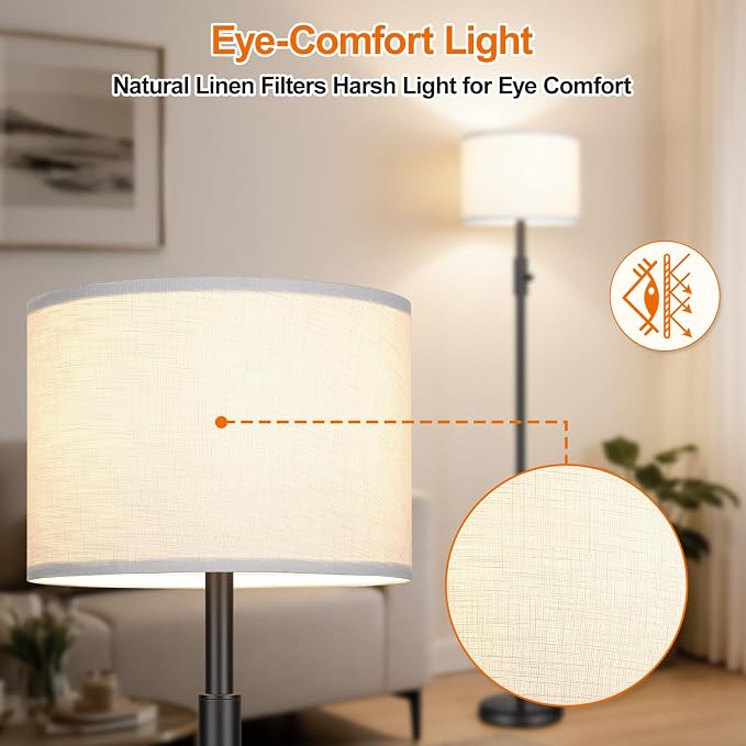 【Upgraded】 Dimmable Floor Lamp, Modern Floor Lamps Simple Design with White Shade for Living Room, Tall Standing Lamp for Bedroom Office Dining Room, Black Pole Lamp