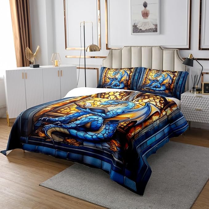 Western Dragon Kids Bedspread Twin Size,Blue Dragon Reading Book Bookshelf Coverlet Set,Boys Girls Room Decor,Geometric Patchwork Abstract Quilted Coverlet,Trippy Chic Bedding Quilt,1 Pillowcase