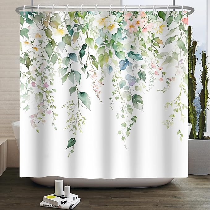 Sage Green Eucalyptus Shower Curtain Watercolor Botanical Floral Leaves Shower Curtain Set Spring Nature Bathroom Decor with 12 Hooks,66x72 Inches
