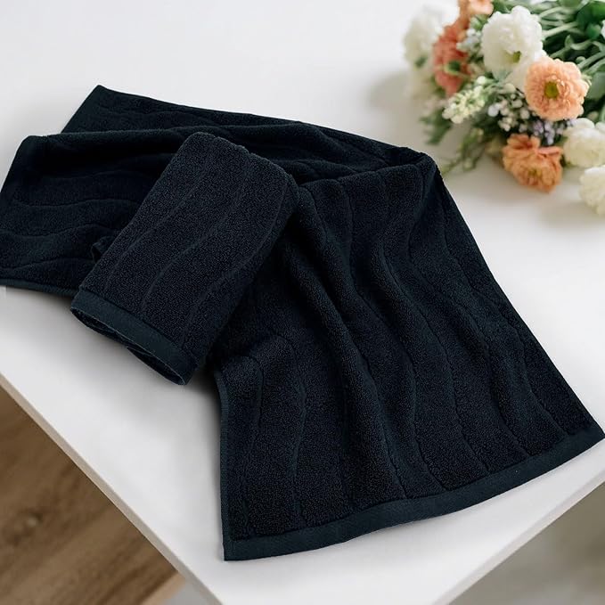 Hand Towels with Wavy Jacquard - Black Face Towels for Bathroom, 2 Piece, Cotton, 13x29 Inches