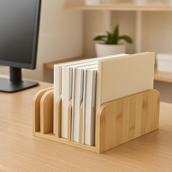 Mail Organizer for Home，Wooden File Organizer Rack, Portable Desk Document Holder with 5 Slots, Book and Folder Storage Stand, 6.4 x 6.1 x 3 in, Compact Wood Desk Organizer for Office Home School