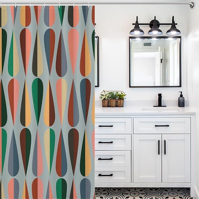 Retro 50s Shower Curtains Simple Drop Shapes Abstract Grid Gray Geometric Pattern Duty Fabric Shower Curtain Set Bathroom Polyester Waterproof with 12 Hooks, 55x72Inch（140x183cm）