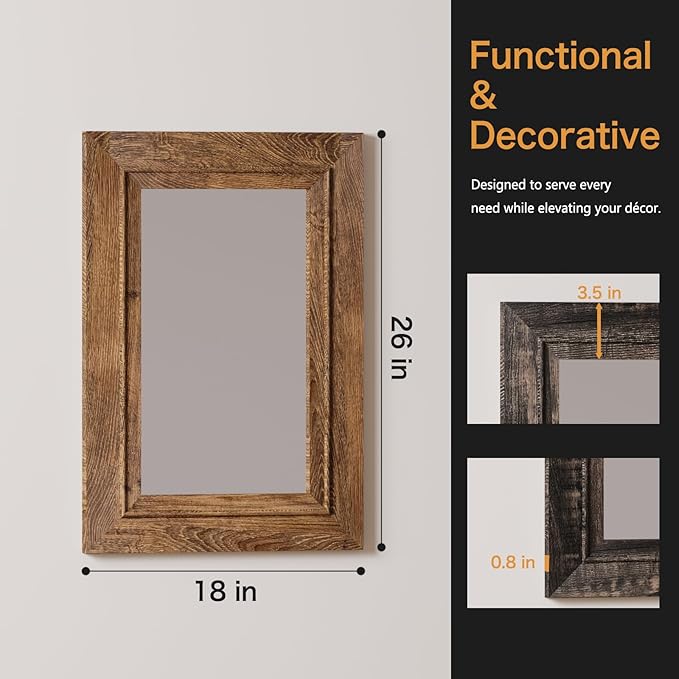 Rustic Wall-Mounted Vanity Mirror, Solid Wood Frame Bathroom Mirror, Farmhouse Style for Living Room, Bedroom, Entryway, Horizontal/Vertical Hanging