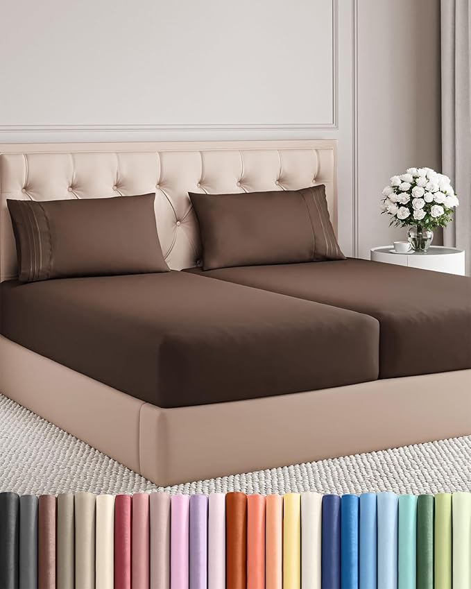 Split King Size 5 Piece Sheet Set - Comfy Breathable & Cooling Sheets - Hotel Luxury Bed Sheets for Women & Men - Deep Pockets, Easy-Fit, Soft and Wrinkle Free Sheets - Brown Oeko-Tex Bed Sheet Set