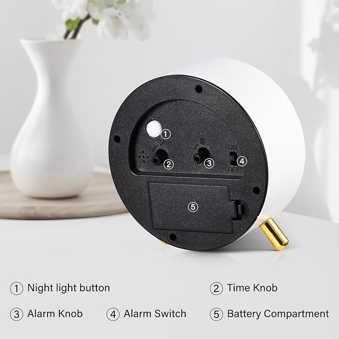 Tetino Analog Alarm Clocks,Retro Metal Desk Silent Non Ticking Small Clock with Night Light,Battery Operated,Simple Design,for Bedrooms, Bedside,Office,Home Décor (White)