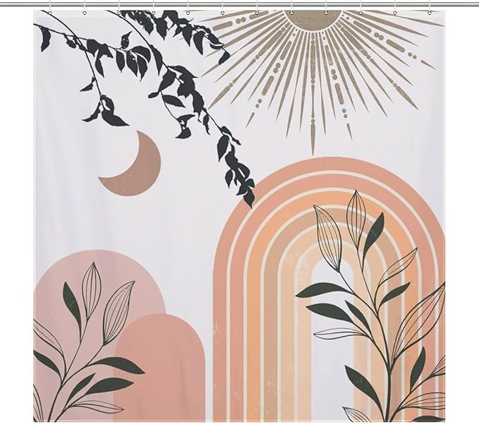 Mid Century Abstract Boho Shower Curtains Geometric Leaf Sun Minimalist Modern Cafe Washable Waterproof Fabric for Bathroom Decor Bathtub with 12 Hooks 72x72in (183x183cm)