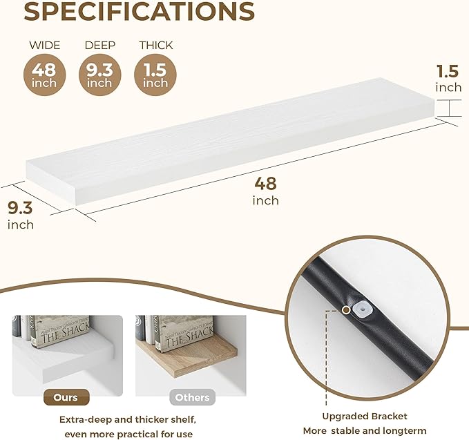 Dreamland 48 Inches Floating Shelves for Wall, 9.3" Deep Long Floating Shelves Set of 1, Large Display & Storage Shelf, Wall Shelf for Bathroom Bedroom Living Room Kitchen Office, White