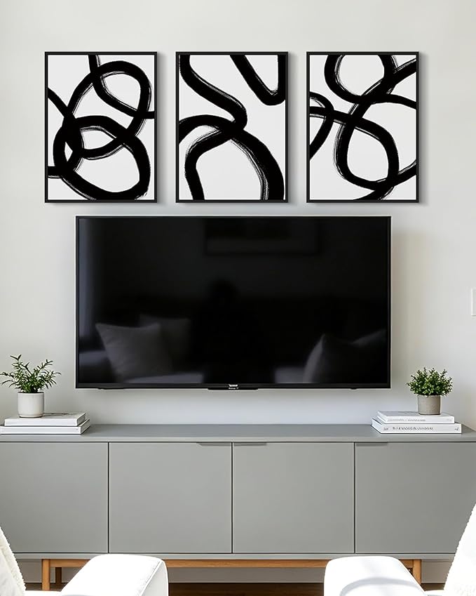 KUVIOKE Black and Grey Abstract Framed Wall Art Ink Wash Minimalist Lines Painting Artwork for Bedroom Hallway 12x16in (Black Framed)