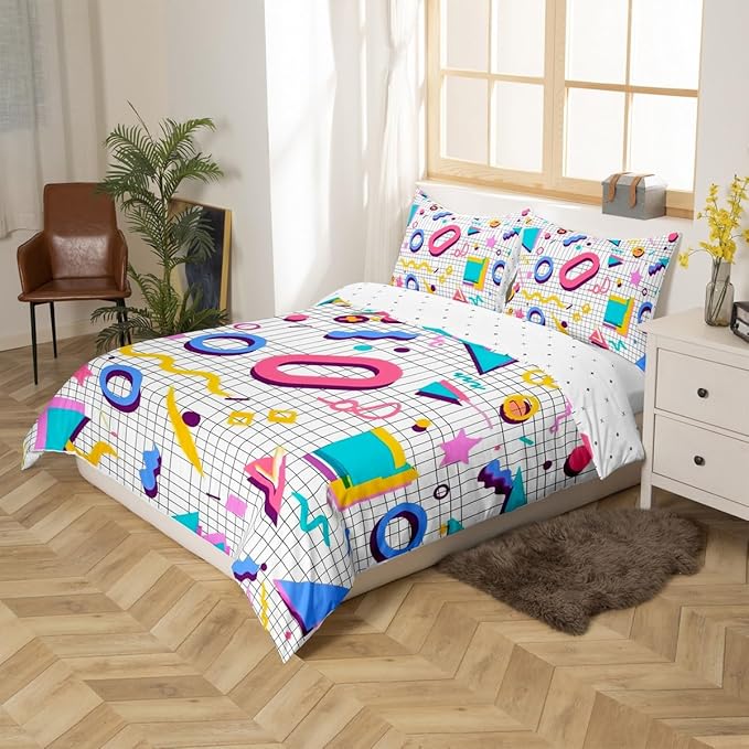 80s 90S Fashion Style Bedding Set Queen Size,Retro Memphis Style Pattern with Geometrical Shapes Duvet Cover for Kids Child,Funky Hipster Old Fashioned Comforter Cover Geometric Bedroom Decor