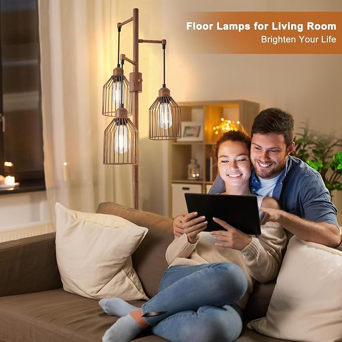 Dimmable Industrial Floor Lamp with 3 Cage Heads, Wood Grain Tree Standing Lamp with Stepless Dimming, Modern Farmhouse Tall Pole Light for Living Room, Bedroom, Office, E26 Base (Bulbs Included)