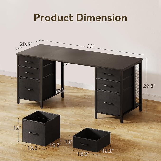 ODK 63 inch Computer Desk with File Drawers Cabinet, Modern Office Desk with Large Storage for Home Office, Study, Gaming, Black