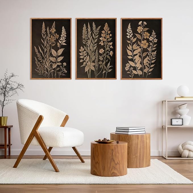 HLNIUC Vintage Botanical Fern Framed Canvas Wall Art Set,Black and Tan Plant Leaves Wall Decor,Modern Farmhouse Art Print,Neutral Minimalist Herb Floral Wall Painting for Living Room,Office - 24”x36”3