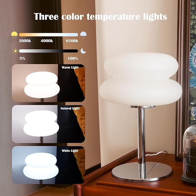 White Mushroom Lamp, Mid Century Modern Lamp for Nightstand, Dimmable Retro Egg Tart Bedside Lamps, Home Decor Ambient Lighting Aesthetic Cute Lamps for Bedroom Living Room (NOT Glass)