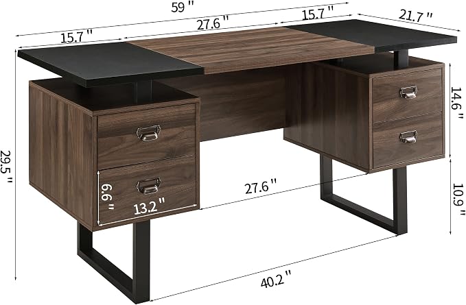 Computer Desk with Drawers 59" L Contemporary Home Office Laptop Desk with Floating Desktop and 4 Storage Drawers Vintage Study Gaming Table with Metal Frame Black & Walnut CTSZ20401WACM