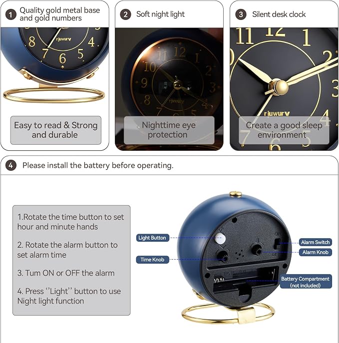 rjuwurv Metal Desk Alarm Clock, Retro Bedroom Table Vintage Analog Silent Non-Ticking Gold Alarm Clock, Bedside Decor(Navy Blue)