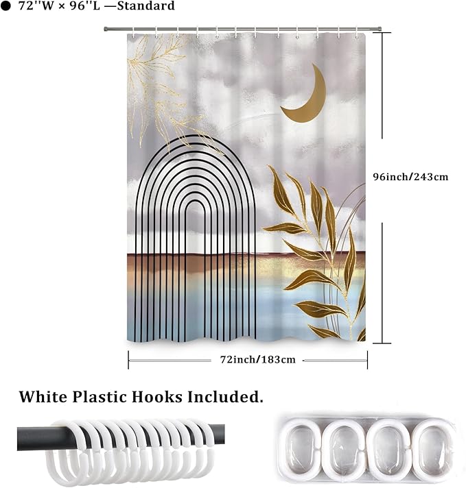 Boho Shower Curtain Abstract Modern Geometric Leaves Shower Curtain Mid Century Minimalist Moon Pattern Decor Bath Curtain Waterproof Fabric with Hooks 72x96