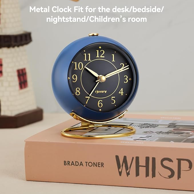 rjuwurv Metal Desk Alarm Clock, Retro Bedroom Table Vintage Analog Silent Non-Ticking Gold Alarm Clock, Bedside Decor(Navy Blue)