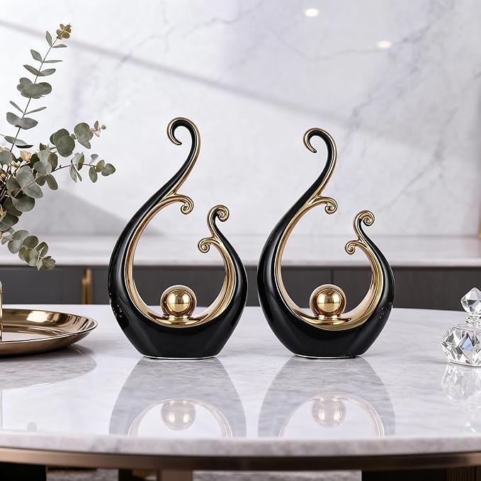 DOVDOV Black and Gold Home Decor, Abstract Ceramic 2-Piece Sculpture Set, Modern mid-Century Art Statues, Perfect for Accent Tables, countertops, Coffee Tables, and entryway Decor.
