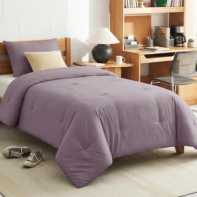 CozyLux Twin Comforter Set College Dorm Essentials, 2 Pieces Dusty Purple Twin Extra Long Solid Bedding Set, Grayish Purple Bed Set with Down Alternative Comforter and 1 Pillowcase Back to School Gift