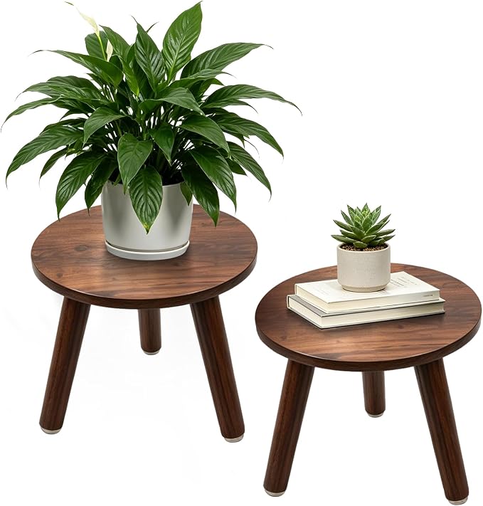 2-Pack Mid Century Plant Stand for Indoor Plants, Modern Wood Flower Pot Holder Stand for Living Room, Decorative Small Round Side Table for Balcony, Patio, Office, 8.9” High, Walnut