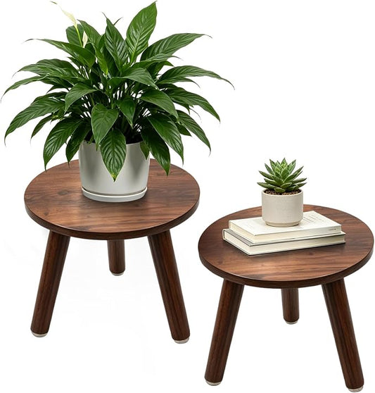 2-Pack Mid Century Plant Stand for Indoor Plants, Modern Wood Flower Pot Holder Stand for Living Room, Decorative Small Round Side Table for Balcony, Patio, Office, 8.9” High, Walnut