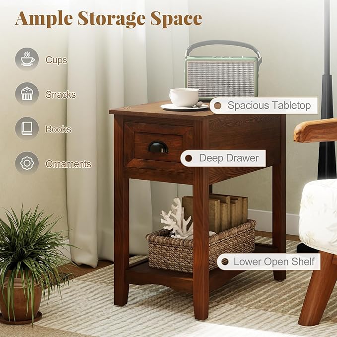 Giantex End Table with Drawer, Retro Narrow Side Table, Nightstand with Solid Wood & Stroage Shelf, Bedside Table for Living Room Bedroom Small Space Home Office (1, Walnut)