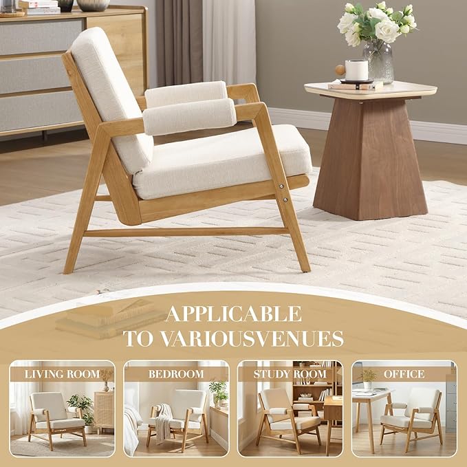 CIMOTA Mid Century Modern Accent Chair, Linen Upholstered Living Room Chairs with Arms, Comfy Reading Chair with Solid Wood Frame, High Back for Bedroom, Waiting Room, Office, Beige